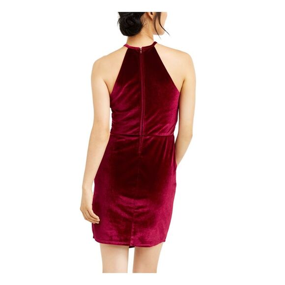CRYSTAL DOLLS Womens Velvet Sleeveless Halter Mini Evening Faux Wrap Dress - Picture 2 of 4
